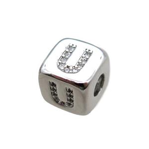 copper letter-U beads paved zircon, cube, platinum plated, approx 8.5mm, 4mm hole [FN15281]