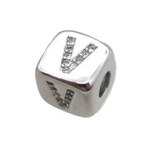 copper letter-V beads paved zircon, cube, platinum plated, approx 8.5mm, 4mm hole [FN15282]