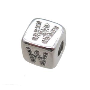 copper letter-W beads paved zircon, cube, platinum plated, approx 8.5mm, 4mm hole [FN15283]