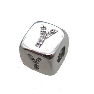 copper letter-Y beads paved zircon, cube, platinum plated, approx 8.5mm, 4mm hole [FN15285]