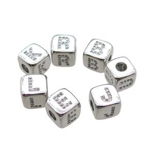 copper letter cube beads paved zircon, large hole, mixed alphabet, platinum plated, approx 8.5mm, 4mm hole [FN15287]