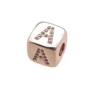 copper letter-A beads paved zircon, cube, rose gold, approx 8.5mm, 4mm hole [FN15288]