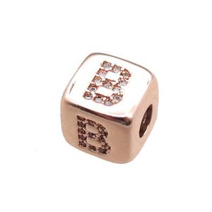 copper letter-B beads paved zircon, cube, rose gold, approx 8.5mm, 4mm hole [FN15289]