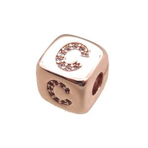 copper letter-C beads paved zircon, cube, rose gold, approx 8.5mm, 4mm hole [FN15290]