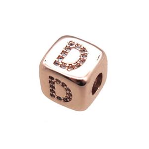copper letter-D beads paved zircon, cube, rose gold, approx 8.5mm, 4mm hole [FN15291]
