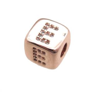 copper letter-E beads paved zircon, cube, rose gold, approx 8.5mm, 4mm hole [FN15292]