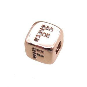 copper letter-F beads paved zircon, cube, rose gold, approx 8.5mm, 4mm hole [FN15293]