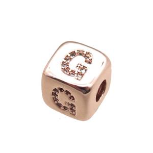 copper letter-G beads paved zircon, cube, rose gold, approx 8.5mm, 4mm hole [FN15294]
