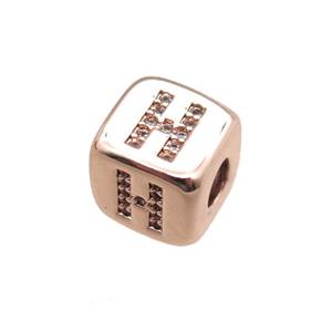 copper letter-H beads paved zircon, cube, rose gold, approx 8.5mm, 4mm hole [FN15295]
