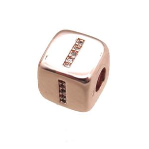 copper letter-I beads paved zircon, cube, rose gold, approx 8.5mm, 4mm hole [FN15296]