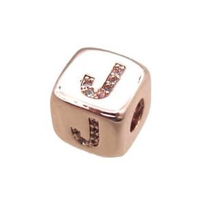 copper letter-J beads paved zircon, cube, rose gold, approx 8.5mm, 4mm hole [FN15297]