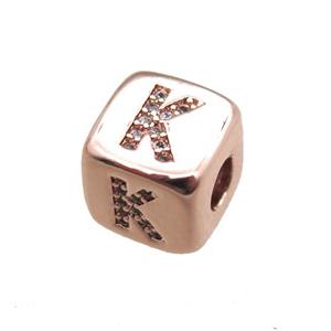 copper letter-K beads paved zircon, cube, rose gold, approx 8.5mm, 4mm hole [FN15298]