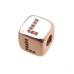 copper letter-L beads paved zircon, cube, rose gold, approx 8.5mm, 4mm hole [FN15299]