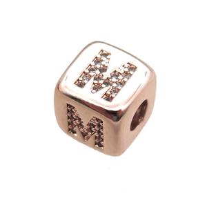 copper letter-M beads paved zircon, cube, rose gold, approx 8.5mm, 4mm hole [FN15300]
