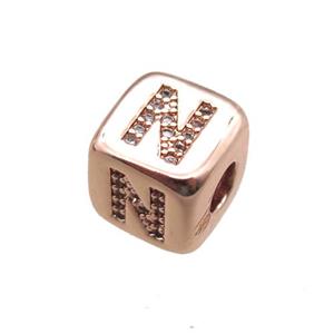 copper letter-N beads paved zircon, cube, rose gold, approx 8.5mm, 4mm hole [FN15301]