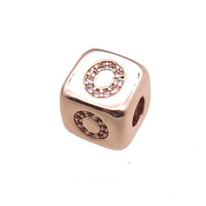 copper letter-O beads paved zircon, cube, rose gold, approx 8.5mm, 4mm hole [FN15302]