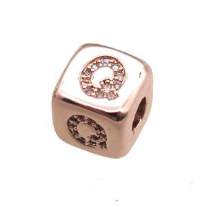 copper letter-Q beads paved zircon, cube, rose gold, approx 8.5mm, 4mm hole [FN15304]