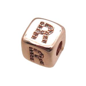 copper letter-R beads paved zircon, cube, rose gold, approx 8.5mm, 4mm hole [FN15305]