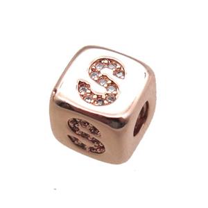 copper letter-S beads paved zircon, cube, rose gold, approx 8.5mm, 4mm hole [FN15306]