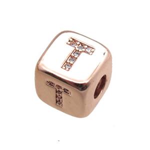 copper letter-T beads paved zircon, cube, rose gold, approx 8.5mm, 4mm hole [FN15307]