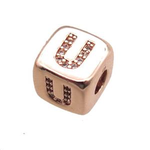 copper letter-U beads paved zircon, cube, rose gold, approx 8.5mm, 4mm hole [FN15308]