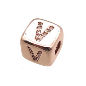 copper letter-V beads paved zircon, cube, rose gold, approx 8.5mm, 4mm hole [FN15309]