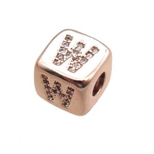 copper letter-W beads paved zircon, cube, rose gold, approx 8.5mm, 4mm hole [FN15310]