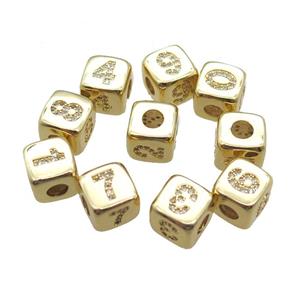 copper cube beads paved zircon, mixed number, large hole, gold plated, approx 8.5mm, 4mm hole [FN15316]