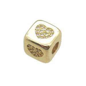 copper cube beads paved zircon, heart, gold plated, approx 8.5mm, 4mm hole [FN15317]