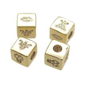 copper cube beads paved zircon, large hole, gold plated, approx 8.5mm, 4mm hole [FN15322]
