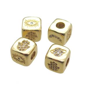 copper cube beads paved zircon, large hole, gold plated, approx 8.5mm, 4mm hole [FN15323]