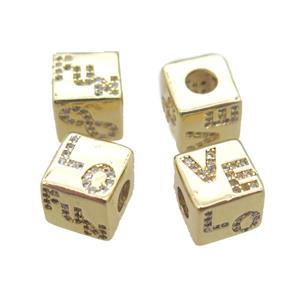 copper cube beads paved zircon, large hole, gold plated, approx 8.5mm, 4mm hole [FN15324]