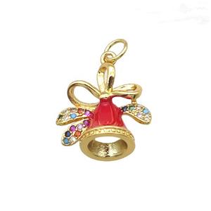 copper Christmas Bell pendant paved zircon, gold plated, approx 16-19mm [FN15345]