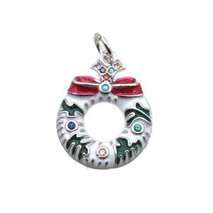 copper Christmas wreath pendant, enamel, platinum plated, approx 14-19mm [FN15356]