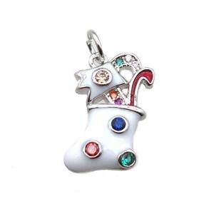 copper Christmas stocking pendant paved zircon, platinum plated, approx 10-17mm [FN15360]