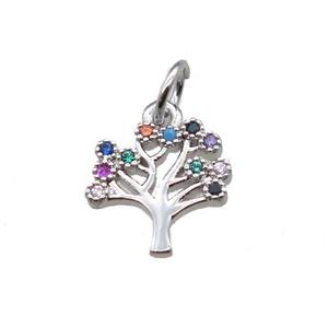 copper pendant paved zircon, tree of life, platinum plated, approx 10mm [FN15366]