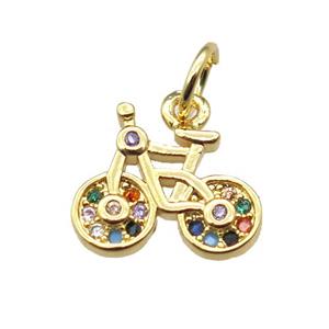 copper bicycle charm pendant paved zircon, gold plated, approx 11-12mm [FN15373]