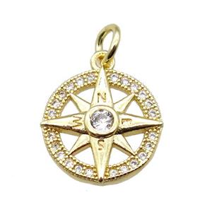 copper Compass pendant paved zircon, gold plated, approx 13.5mm dia [FN15407]