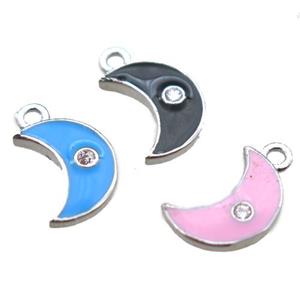 enameling copper moon pendant paved zircon, mixed color, platinum plated, approx 6-10mm [FN15496]