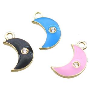enameling copper moon pendant paved zircon, mixed color, gold plated, approx 6-10mm [FN15501]