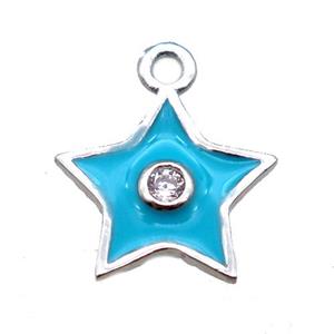 aqua enameling copper star pendant paved zircon, platinum plated, approx 10mm [FN15505]