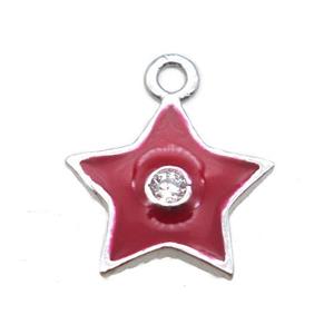 red enameling copper star pendant paved zircon, platinum plated, approx 10mm [FN15506]