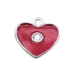 red enameling copper heart pendant paved zircon, platinum plated, approx 10mm [FN15517]