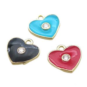 enameling copper heart pendant paved zircon, mixed color, gold plated, approx 10mm [FN15525]