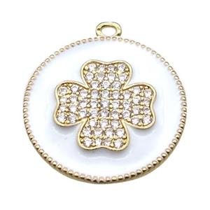 copper clover pendant pave zircon with white enameling, gold plated, approx 25mm dia [FN15532]