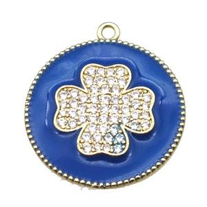 copper clover pendant pave zircon with blue enameling, gold plated, approx 25mm dia [FN15534]