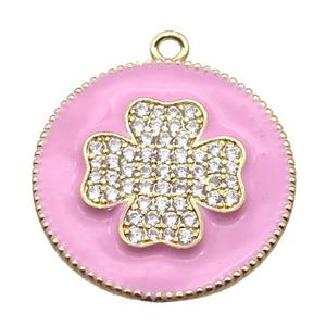 copper clover pendant pave zircon with pink enameling, gold plated, approx 25mm dia [FN15535]