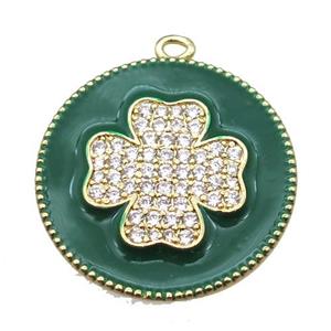 copper clover pendant pave zircon with green enameling, gold plated, approx 25mm dia [FN15536]