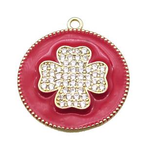 copper clover pendant pave zircon with red enameling, gold plated, approx 25mm dia [FN15537]