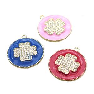 copper clover pendant pave zircon with enameling, mix color, gold plated, approx 25mm dia [FN15538]